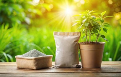 plant-pot-with-fertilizer-bag-over-green-background-and-sunlight-photo